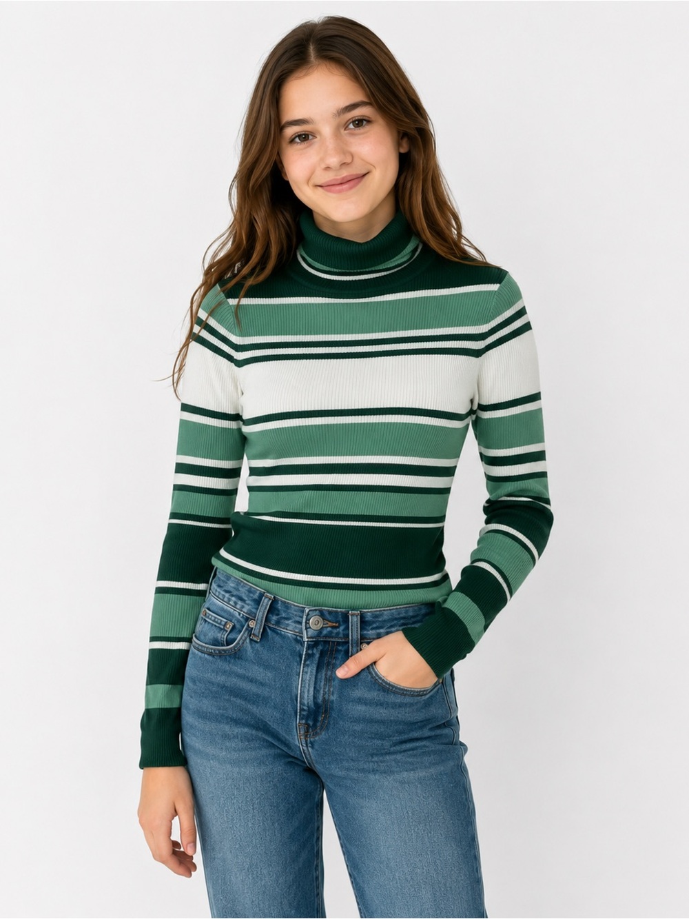 Relativity Vintage Y2K Women's M Green Striped Cotton Turtleneck Knit Sweater